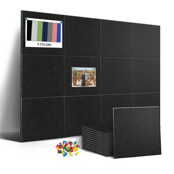 MISSDAY Acoustic Wall Panel 48" x 36" Felt Bulletin Board for Wall, 12-Pack Soundproof Tiles for Home Office, Black