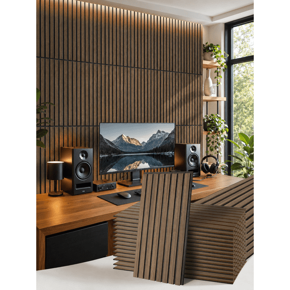 MISSDAY Acoustic Wood Slat Wall Panels, 23.6 x 11.8 in, Dark Walnut, 20 Pack, Sound Absorbing for Interior Decor
