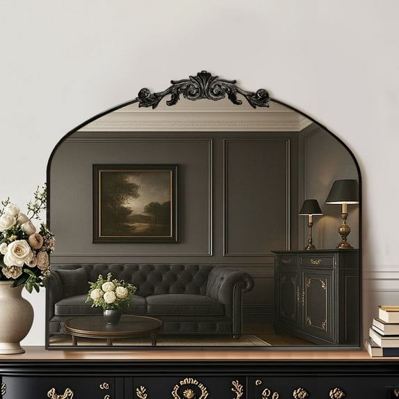 MISSDAY Vintage Matte Black Baroque Mirror for Wall, 36"X30" Arched Antique Wall Mirror