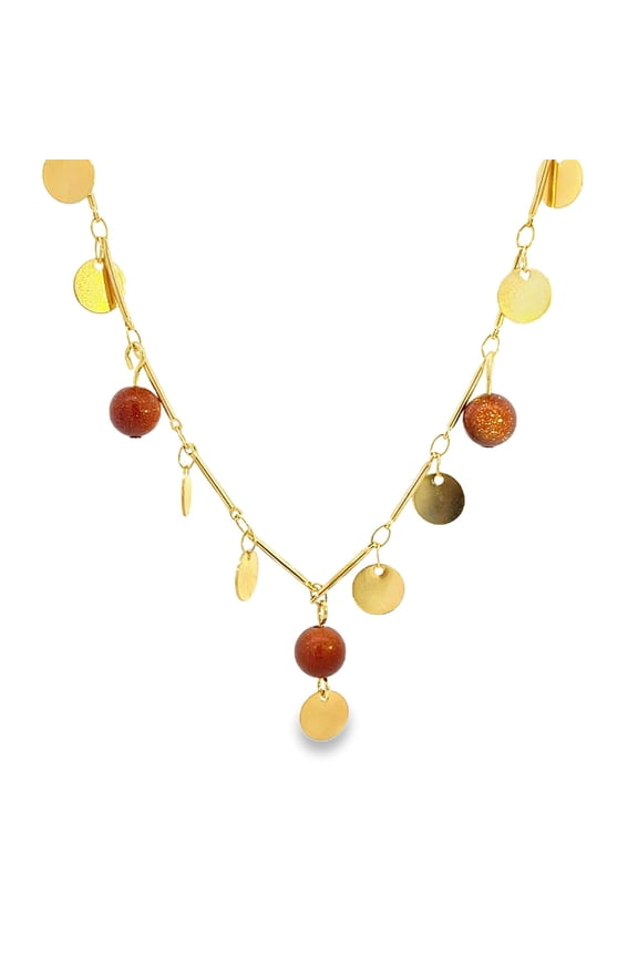 Rolo and Bar Link Chain Brown Aventurine Bead and Disc Drop Charm Necklace