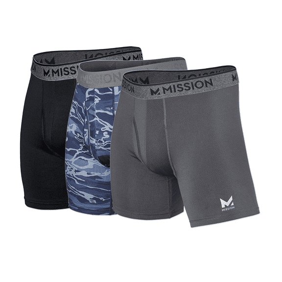 MISSION 6” Performance Mesh Boxer Briefs, Medium - Black, Matrix Camo, Gray