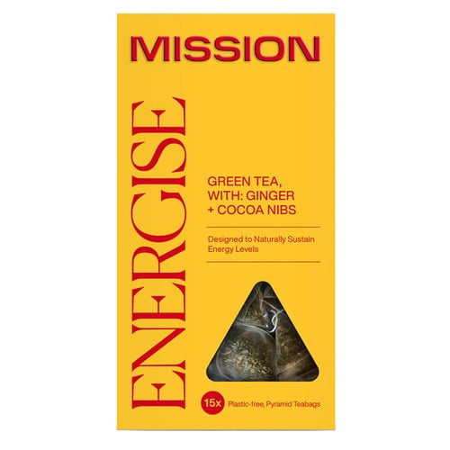 MISSION Energise Green Tea Bags with Cocoa Nibs + Ginger 15's, British Import (Pack of 3)