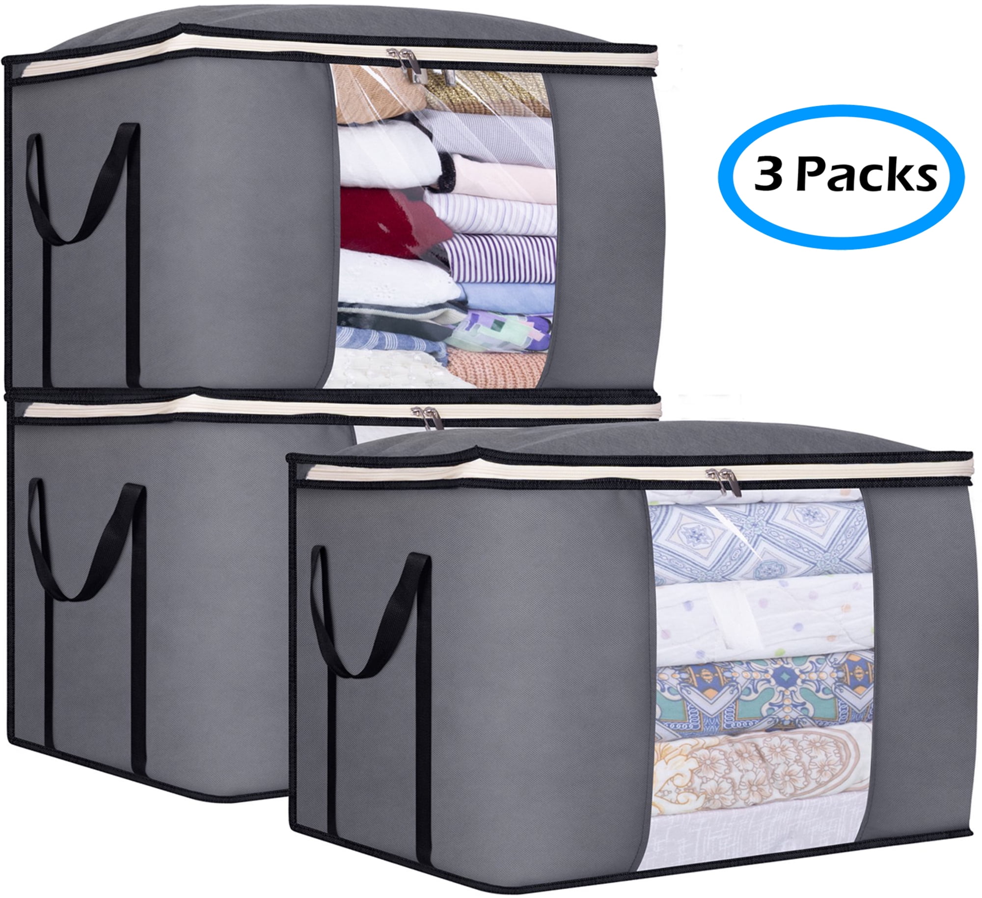 Misslo 100L Clothes Storage Organizer 3pcs Foldable Comforter Blanket Bags Large Clothing Containers for Closet, Bedroom, Gray, Size: Medium
