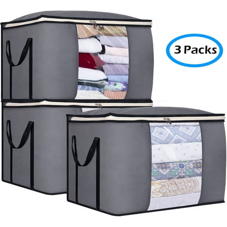 MISSLO 100L Clothes Storage Organizer 3PCS Foldable Comforter Blanket Bags Large Clothing Containers for Closet, Bedroom, Gray