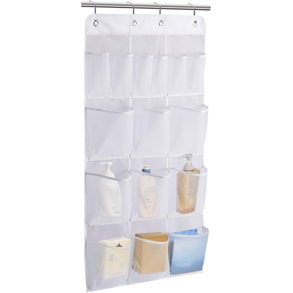 MISSLO 15 Pockets Mesh Shower Caddy Over the Door Hanging Bathroom Organizer Quick Dry Bath Storage Bag - White