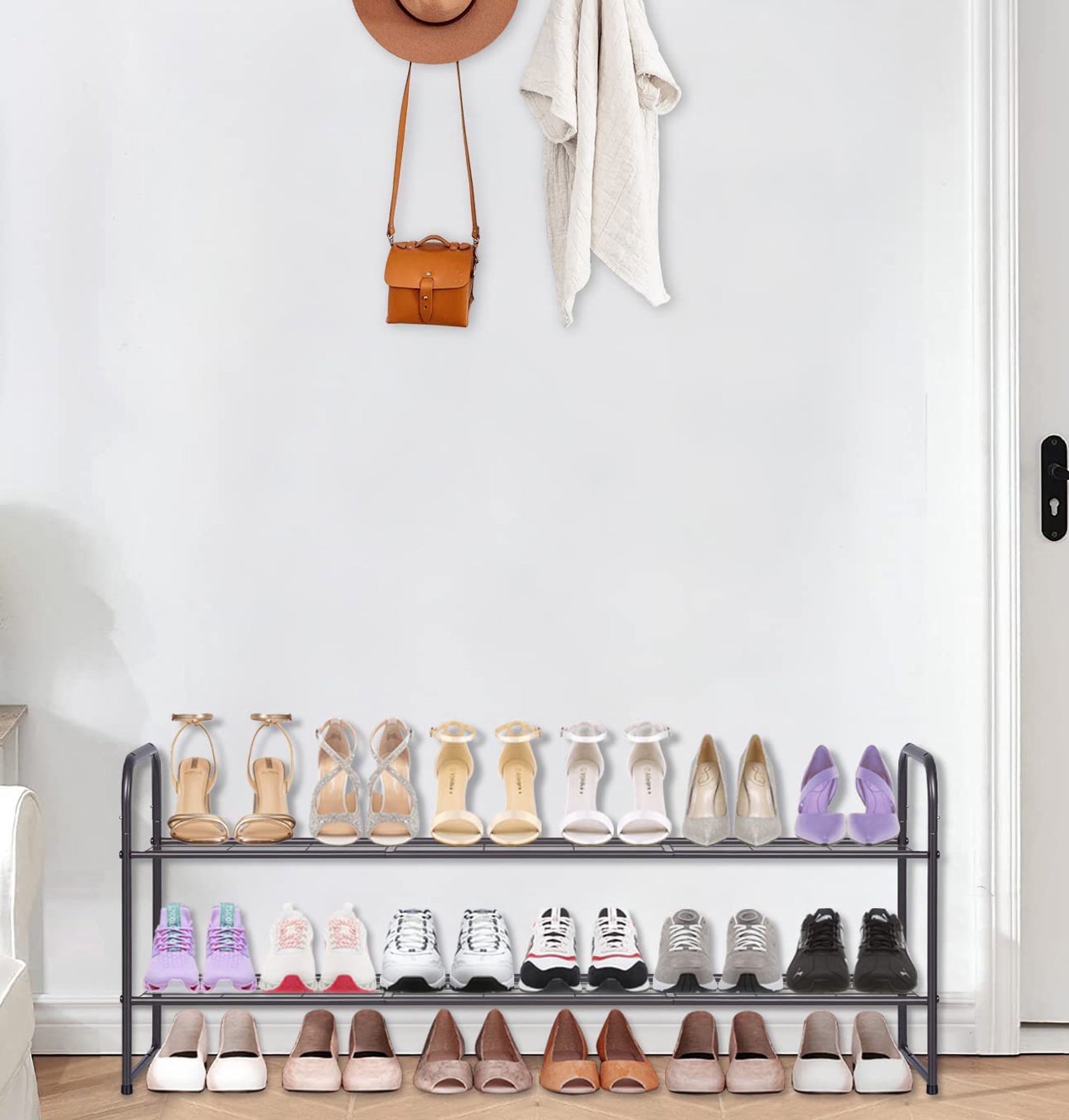 MISSLO 2 Tier Metal Long Shoe Rack Wire Grid Stackable Shoe Shelf Wide