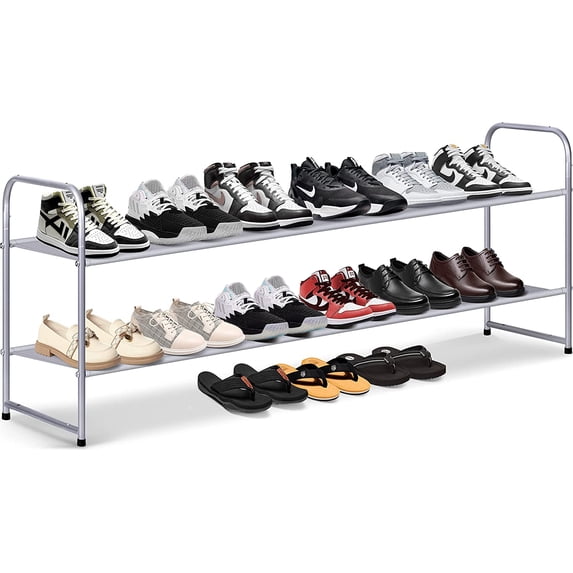 MISSLO 2 Tier Stackable Long Shoe Rack 18 Pairs Metal Shoe Storage Shelf Fabric Organizer for Closet Entryway Bedroom, Grey