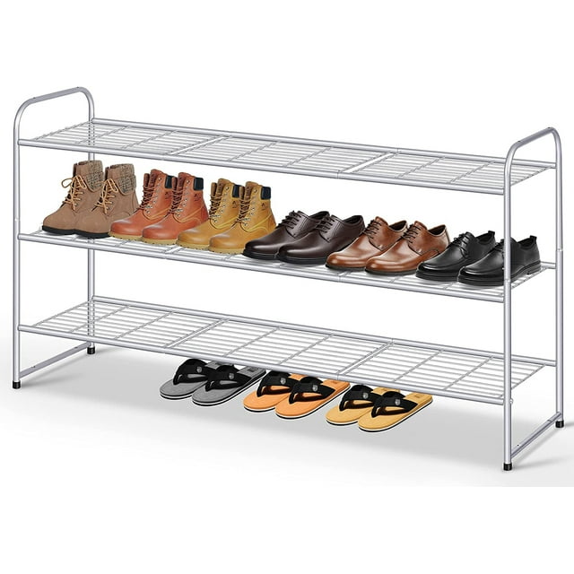 MISSLO 3 Tier Metal Long Shoe Rack Wide Shoe Shelf with Wire Grid for Closet Entryway Storage 24 Pairs Men Sneaker Organizer, Grey