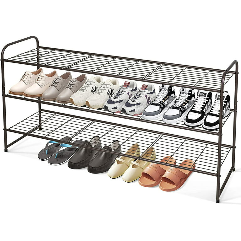 Misslo 3 Tier Metal Long Shoe Rack Wide Shoe Shelf with Wire Grid for Closet Entryway Storage 24 Pairs Men Sneaker Organizer, Grey, Gray