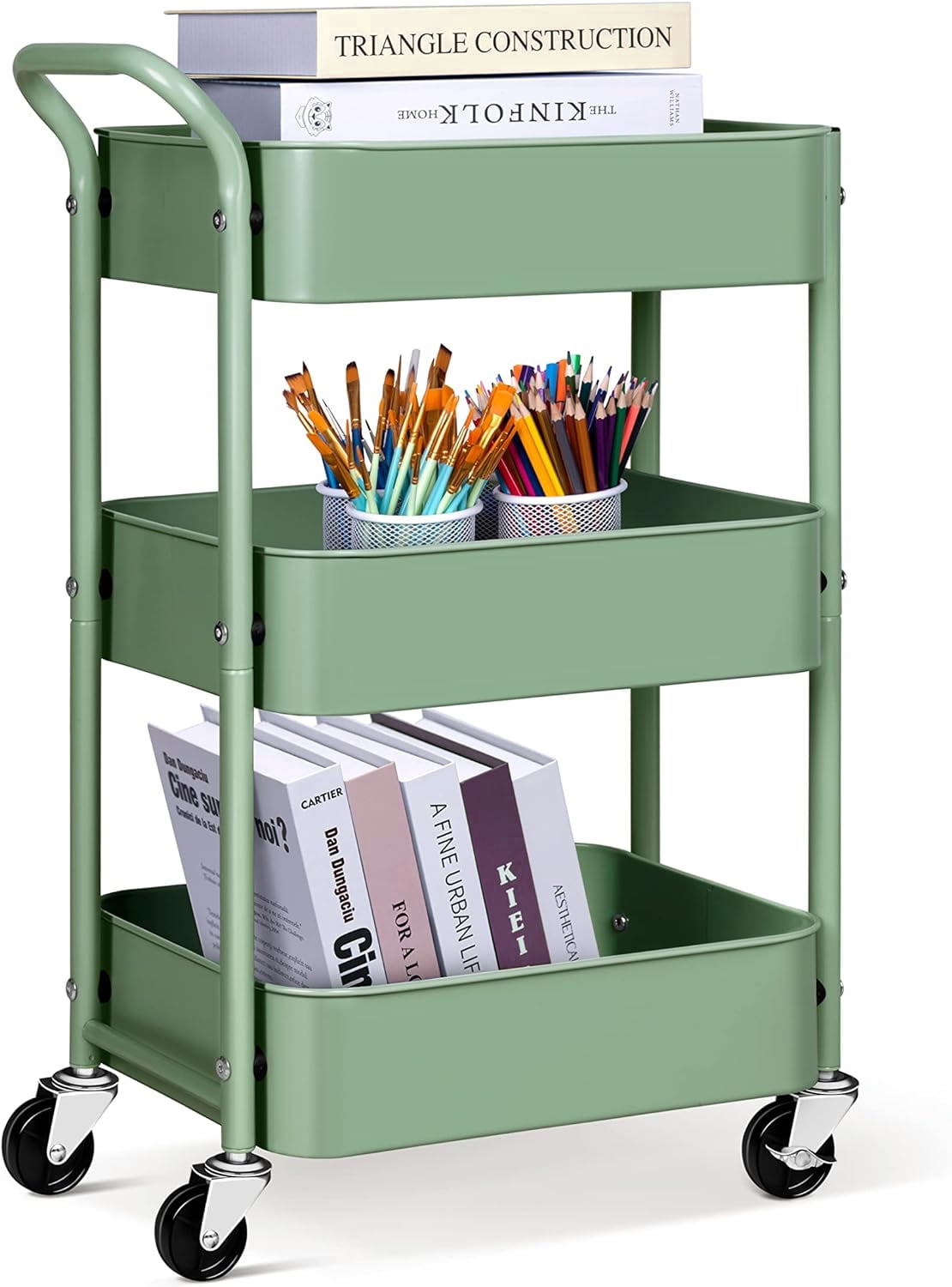 MISSLO 3 Tier Metal Rolling Cart Under Desk Utility Cart with Lockable
