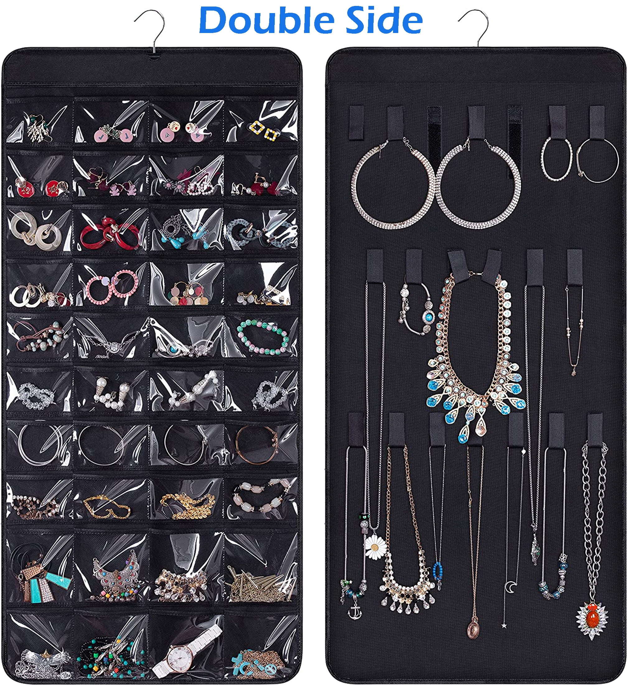 MISSLO Dual Sided Jewelry Organizer 40 Pockets 20 Hooks Earrings Bracelets Rings Necklaces Storage Black Walmart