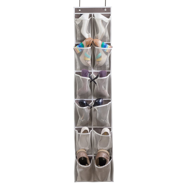 MISSLO Heavy Duty Over Door Organizer Hanging Shoe Storage for Narrow Door with 12 Large Mesh Pockets Coffee