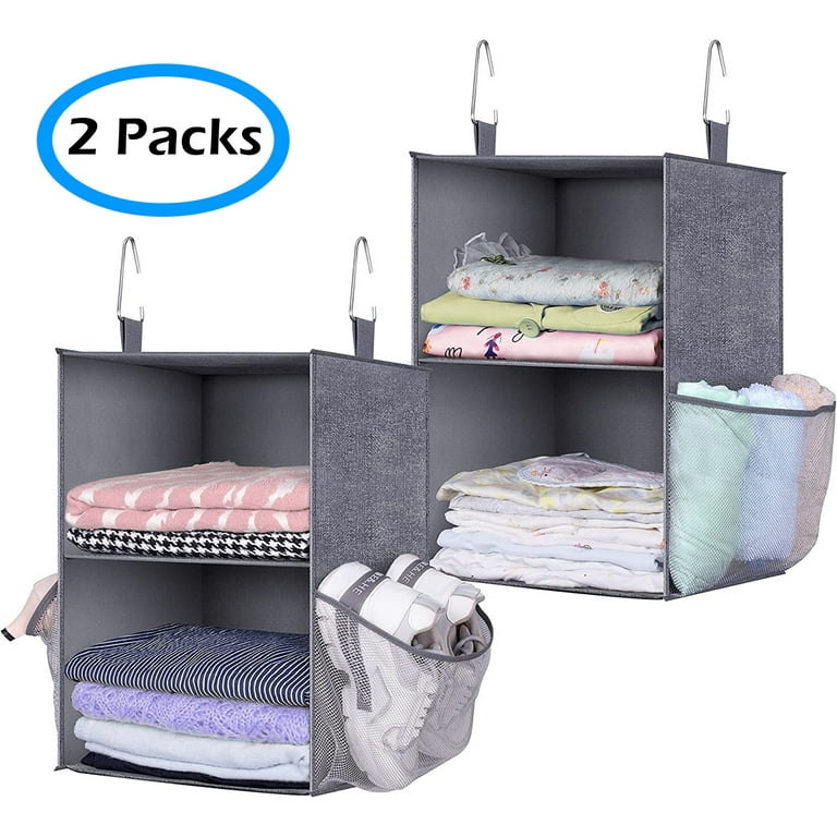 MISSLO Large Hanging Closet Organizer 2-Shelf with 2 Side Mesh Pockets  Bedroom Wardrobe Hanging Shelves for Clothes Storage - Gray