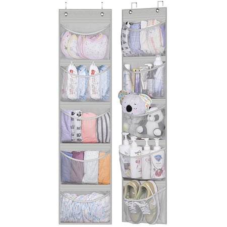 MISSLO Over the Door Hanging Storage Organizer for Closet Bathroom Bedroom Nursery Organizer with 5 Elastic Mesh Pockets, 2 Pack