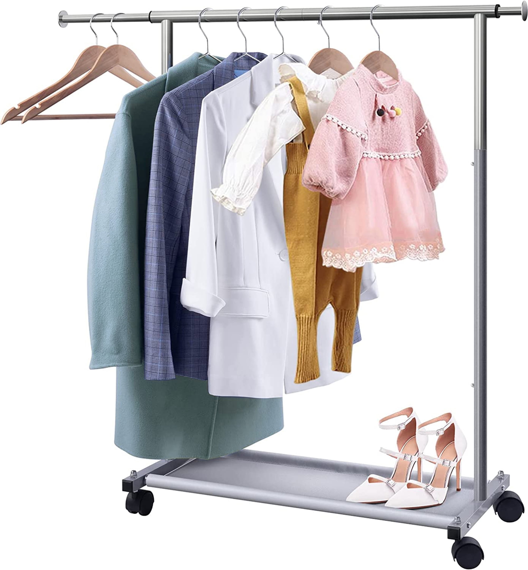 MISSLO Short Garment Clothes Rack with Wheels and Bottom Storage Shelves Heavy Duty Rolling Metal Hanging Clothes Rail for Kids, Adult Coat, Closet, Wardrobe
