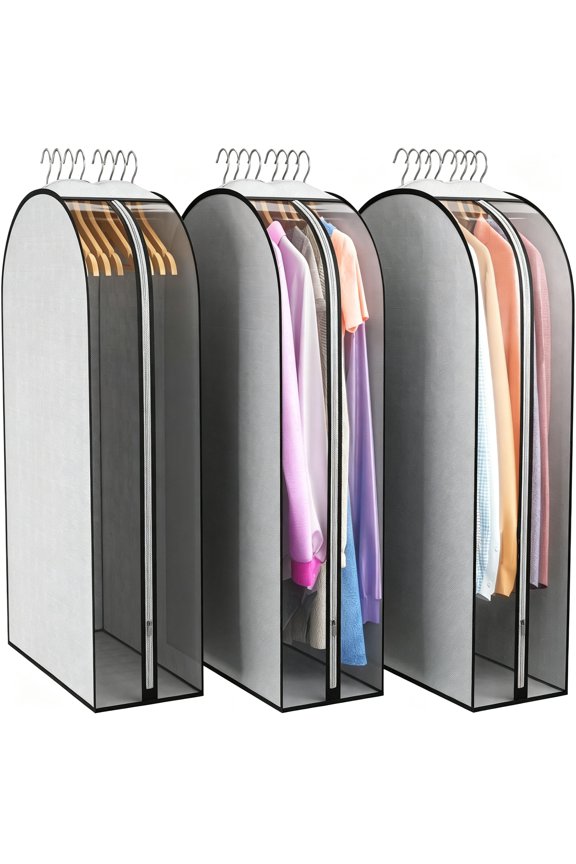 10" Gusseted Garment Bags for Hanging Clothes 40" Suit Bags for Open Closet Storage,Side Clear Clothing Cover for Coat,Dress,Jacket,Shirt,Fur Wardrobe Protector,3 Packs,Grey