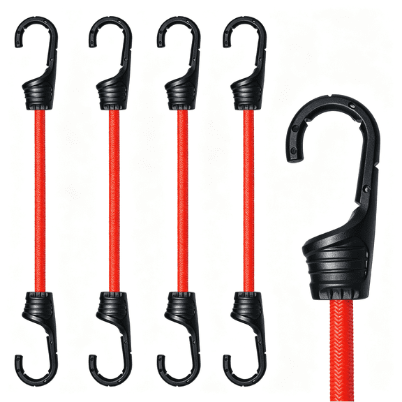 MISSMILE 12" Bungee Cords with Hooks Red Elastic Rope Straps for Camping,Bike,Folding Wagon,Trunk Etc. [4Pcs,Plastic-Clad Steel Hook] Elastic Rope