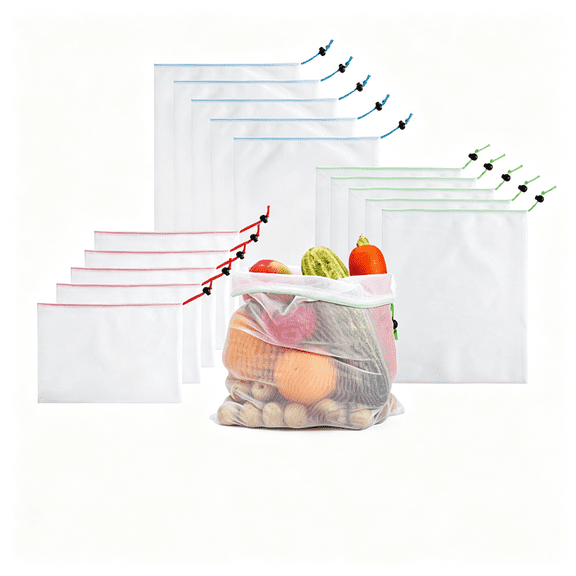 MISSMILE 15-Pack Reusable Produce Bags Heavy Duty Washable Mesh Grocery & Vegetable Bags with Drawstring, Eco-Friendly for Fruits, Food, Toys & Travel Storage