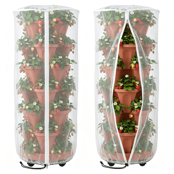 MISSMILE 2 Pcs Vertical Plant Pot Insect Netting with Zipper,59"X22" Stackable Planter Garden Net Cover,6 to 7 Tier Planter Pot Insect Bird Barrier Protection Mesh for Strawberry Herb Flower Fruit