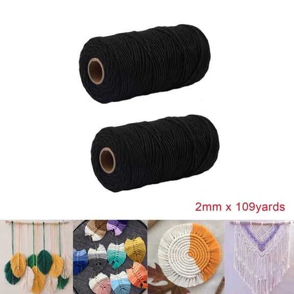 MISSMILE 2 Rolls Black Macrame Cord 2mm, 109 Yards Natural Cotton Twisted Rope, Macrame String Cotton Craft Cord for DIY Knitting,Wall Hanging, DIY Wedding Decor, Crafts Macrame Supplies