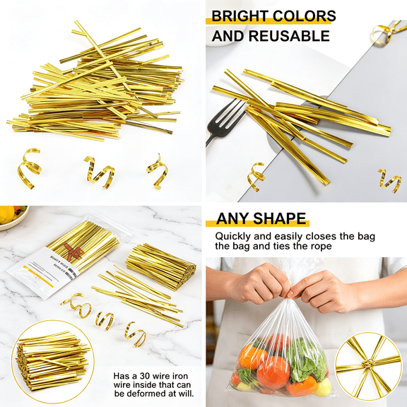 MISSMILE 4"Es Twist Ties for Bags,800Pcs Twist Ties for Plastic Bags,Reusable Bread Ties,Gold Twist Ties,Twisty Ties for Candy Bagscoffee Bagssnackscake Popsparty Supplies