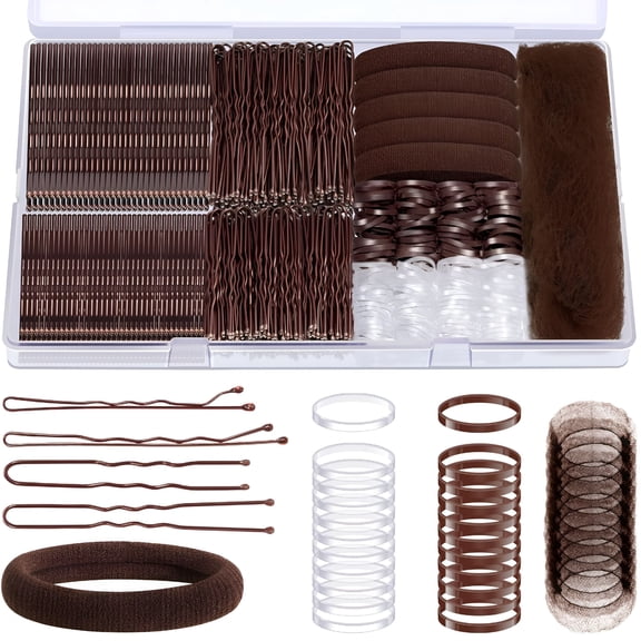 MISSMILE 415Pcs Bobby Pins Hair Pins Set,200Pcs U Shaped Pins&Elastic Hair Ties for Women with Hair Net,Brown