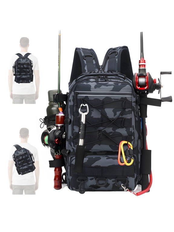45L Fishing Bag,Fishing Backpack with Rod Holder,Waterproof,Fishing Tackle Bags,Breathable Shoulder Sling Fishing Gear Bag Black