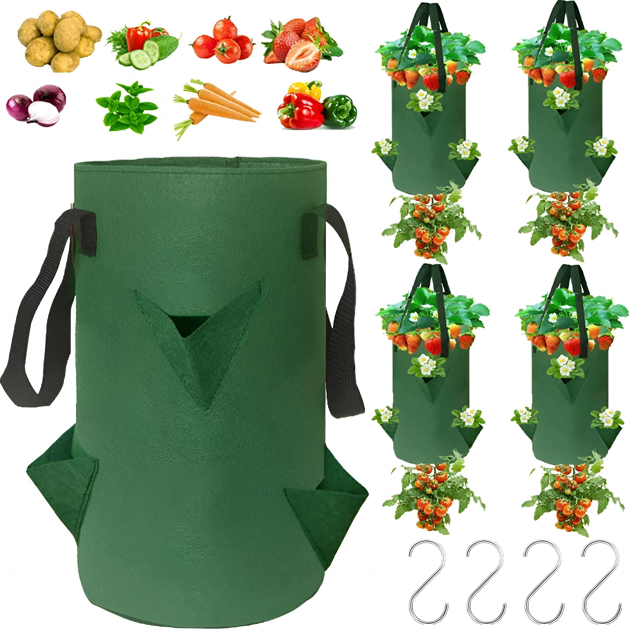 MISSMILE 4Pack Upside Down Strawberry Planter, 3 Gallon Hanging Grow Bags for Tomato Vegetables 6 Planting Holes with 4 Hooks,Upside Down Strawberry Plant Hanger Vegetable Planting Bags for House