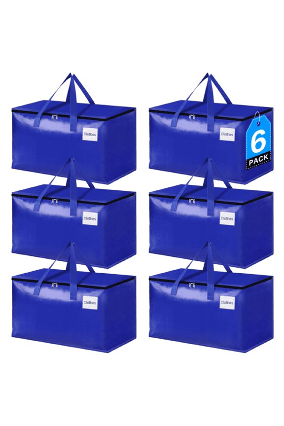 6 Pack Heavy Duty Moving Bags with Strong Zipper,Extra Large Storage Totes with Comfortable Handles,Waterproof Packing Bags for Space Saving,Family & Dorm Room Moving (Blue)
