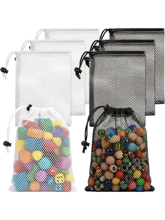 6 Pcs Small Mesh Drawstring Bag,6 X 8" Polyester Mesh Storage Bags Mini Net Bag Small Travel Stuff Bags for Laundry Travel Beach Toys Fruit (Black and White)