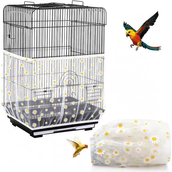 MISSMILE Bird Cage Seed Catcher,Seed Catcher Guard Net Cover,Parrot Nylon Mesh Net Cover,Universal Soft Airy Cage Net Stretchy Skirt for Round Square Cages(Daisy-White,15.7"X87")