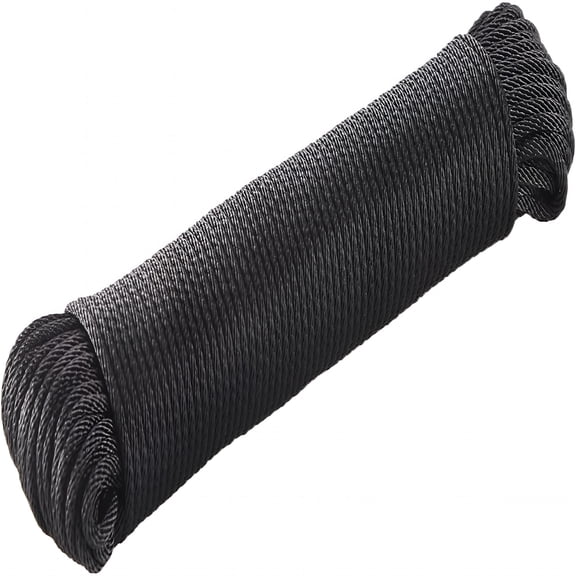 MISSMILE Black Polyester Rope 1/8 Inch 100Ft, High Density UV Resistant Braided Cord, Professional Grade for Marine, Camping, Outdoor, Clothesline And Flag Line
