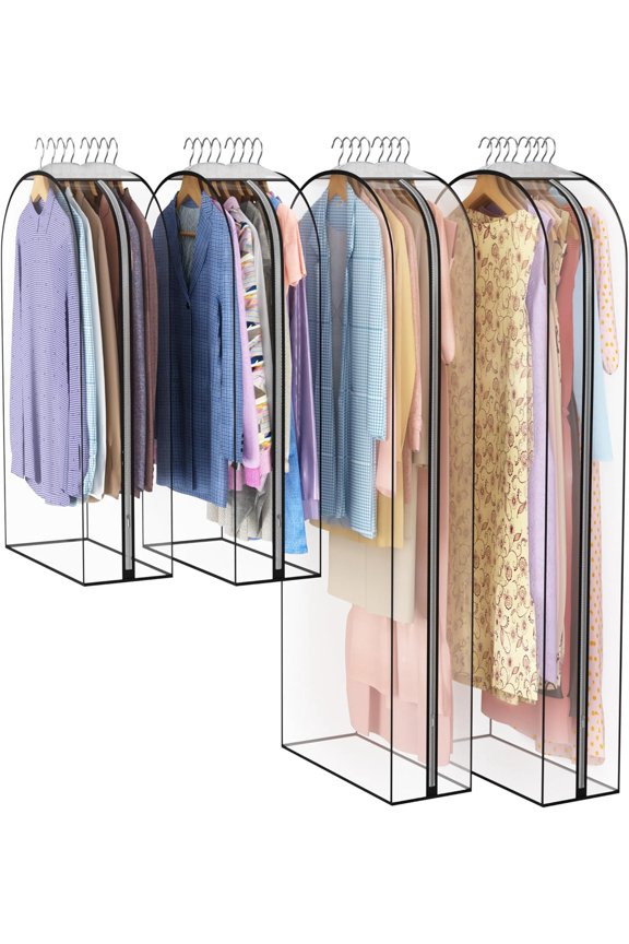 Clear Garment Bag for Hanging Clothes 10 Gusseted, 40&60 Suit Bags for Open Closet Storage Plastic Clothes Cover for Coat, Dress, Shirts, Fur, Jacket, Wardrobe Protectors, 4 Pack