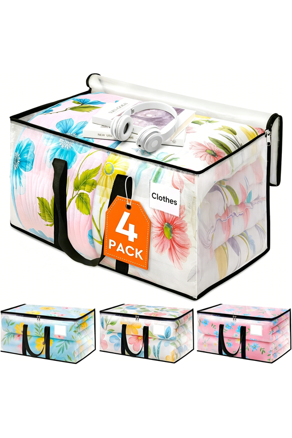 Clear Moving Bags Heavy Duty 4 Pack, Storage Bags with Zipper, Extra Reinforced Handles & Waterproof Packing Boxes for Moving, Camping, Home Organization 93L/24Gal(28.7"x14.2"x14")