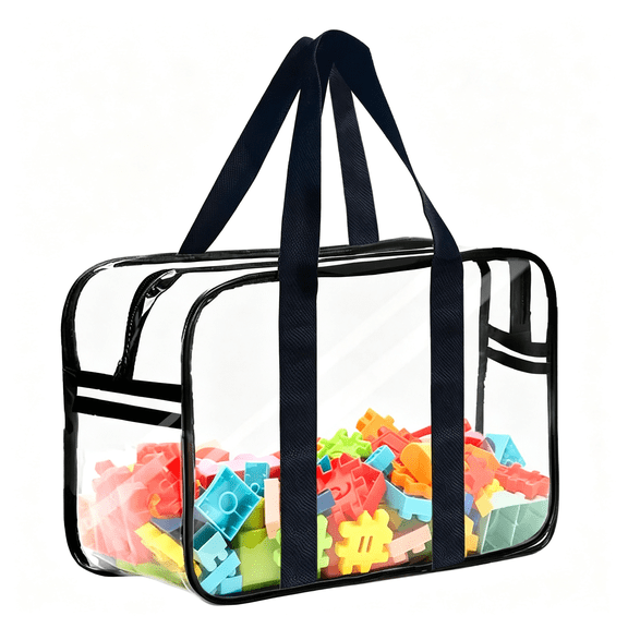 MISSMILE Clear Toy Storage Bag with Zipper - Organizing Bag with Handles (1,X-Large) | Perfect for Building Blocks, Puzzles, Books, Board Games, Portable Travel and Home Organizer