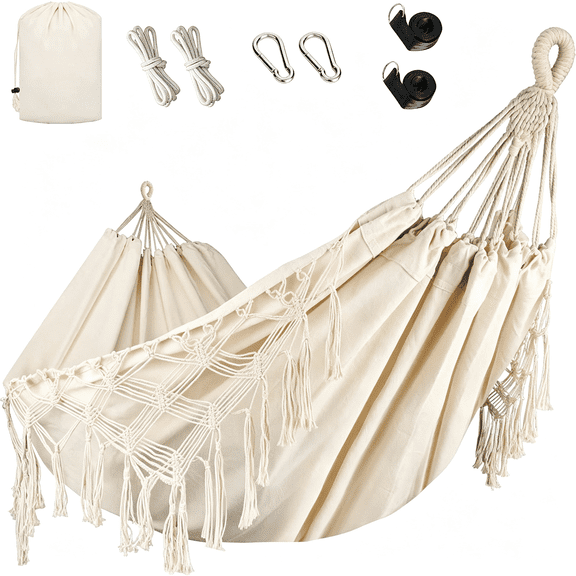 MISSMILE Double Hammock, Heavy Duty 500 Lb Load Capacity Tassels and Fishtail Knitting Portable Camping Hammocks with Mounting Straps for Outdoor Camping Patio Balcony Beige