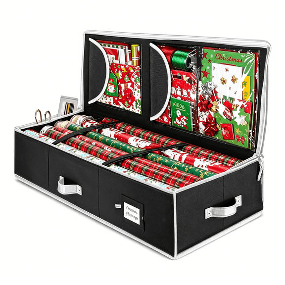 MISSMILE Gift Wrapping Paper Organizer Storage-40" Gift Wrap Storage Containers with Interior Pockets for Bows,Tags & Ribbons - Wrapping Paper Holder,600D Oxford,Fits 24 Standard Rolls,Black/White