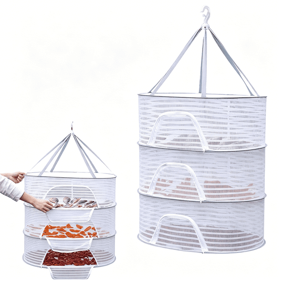 MISSMILE Herb Drying Rack, 3 Layer Foldable Hanging Mesh Net with Zipper, Outdoor Drying Rack Mesh Dryer for Drying Herb Vegs Fruits Bud Plants(Size:M)