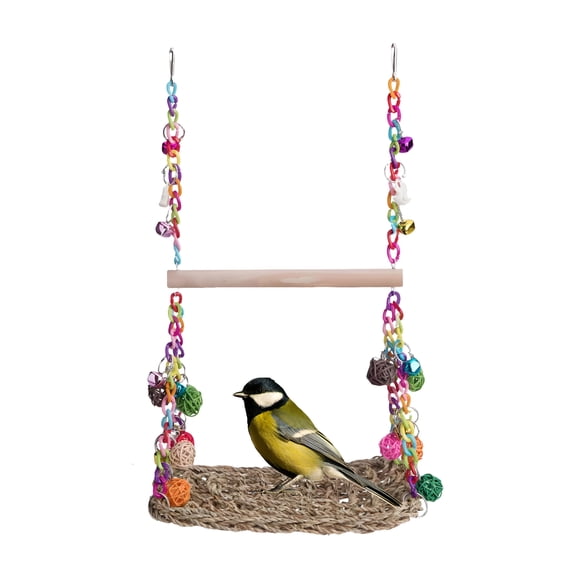 MISSMILE Hummingbird Swing,Wood Rattan Net Patio Swing for Bird Bird Toys Standing Poles to Chew On,Double-Layer Standing Pole Hanging Basket Bell Bird Cage Accessories,Style1,11×7.9"