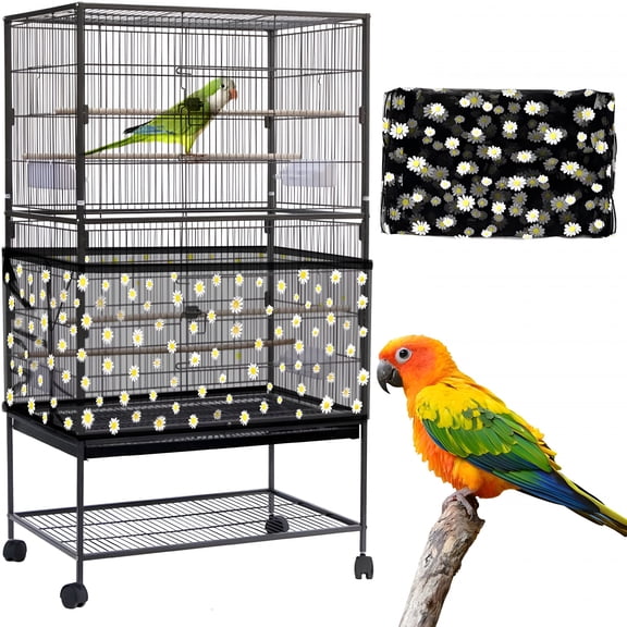 MISSMILE Large Bird Cage Cover,Bird Cage Seed Catcher,Adjustable Soft Nylon Mesh Net with Daisy Pattern,Birdcage Cover Skirt Seed Guard for Parrot Parakeet Macaw Round Square Cages (Black)
