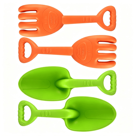 MISSMILE Large Shovels & Rakes-Solid Plastic,Sand Toys with Mesh Bag 4 Pcs Sand Castle Building Kit