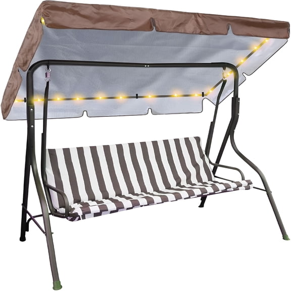 MISSMILE Led Lighted Porch Swing Canopy Replacement Waterproof Swing Canopy Top Cover 2-3 Seat Shade Awning Cover for Garden Outdoor Patio(65 X 45 Inch,Brown)