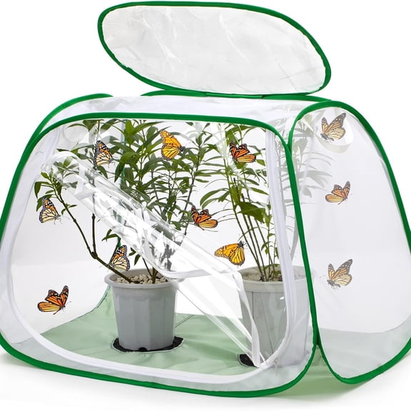 MISSMILE Outdoor Pop-Up Large Insect and Butterfly Net HabitatWith Rainproof Top Cover Increase Survival Rate, Windproof Trapezoidal DesignCollapsible Caterpillar Growing Mesh Cage Terrarium