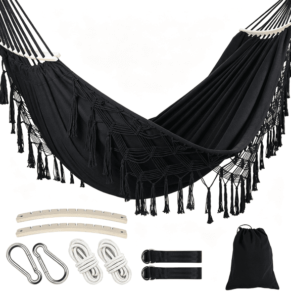 MISSMILE Portable Double Hammock, Hanging Hammock with Tassels and Fishtail Knitting, 550Lb Capacity, 320Gsm Hanging Bed with Set Full Accessories for Outdoor Camping Patio Balcony Black