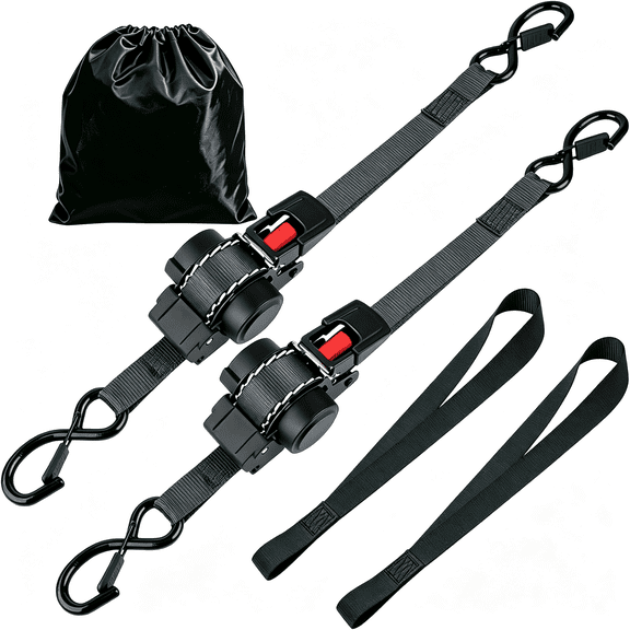 MISSMILE Retractable Ratchet Straps(2-Pack)-1'' X 12'(1,800Lb Break Strength)Heavy Duty Auto Slow Retraction Tie Down Straps,Self Retracting for Truck,Cargo Trailer,Motorcycle,Atv,Utv