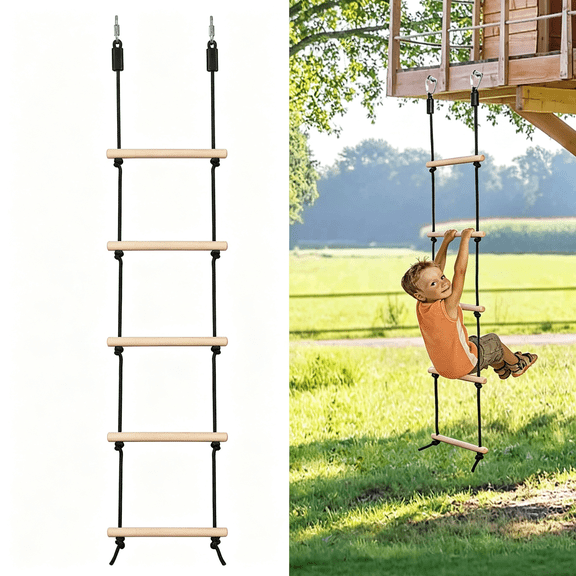 MISSMILE Rope Ladder for Kids Climbing Obstacle Wooden Swing Rope Ladder with 2 Hooks for Kids Climbing Game Hanging Ladder for Swing Accessories,Playground,Play Set