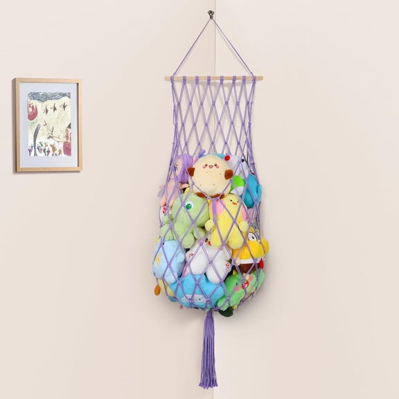 MISSMILE Stuffed Animal Storage Net,68"Jumbo Macrame Vertical Stuffed Animals Hammock Corner,Wall Ceiling Hanging Stuffy Hammock Plushie Holder Display for Kid Gift Boho Nursery Decor(Purple)