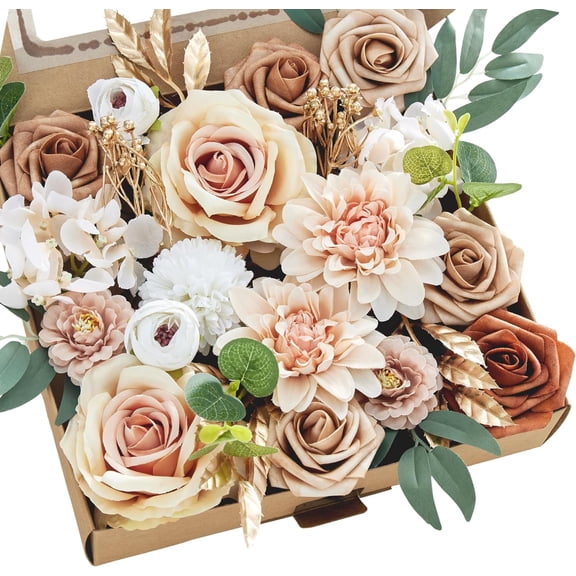 MISSPIN Artificial Flowers DIY Box Set Fake Roses Bouquet Bridal Wedding Flowers Colorful Centerpiece Table Decorations Boho Faux Floral with Stems Arrangements for Cake Home Party Indoor Outdoor