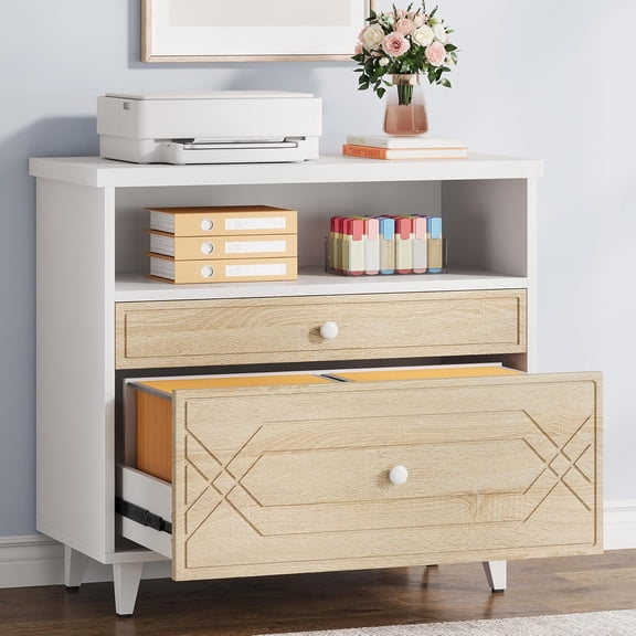 MISSUNNY 2-Drawer Lateral File Cabinet w/Shelf, Printer Stand, A4/Letter/Legal, Modern Industrial Office Storage, White/Brown