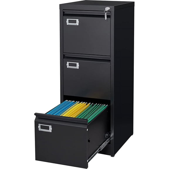 MISSUNNY 3-Drawer Black Metal File Cabinet with Lock, Vertical Filing Cabinet for Home Office, Legal/A4 File Storage, Anti-Tilt, Easy Assembly